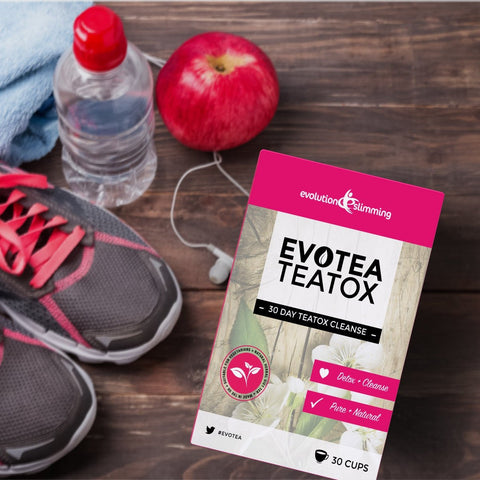 EvoTea Teatox box with running shoes and an apple
