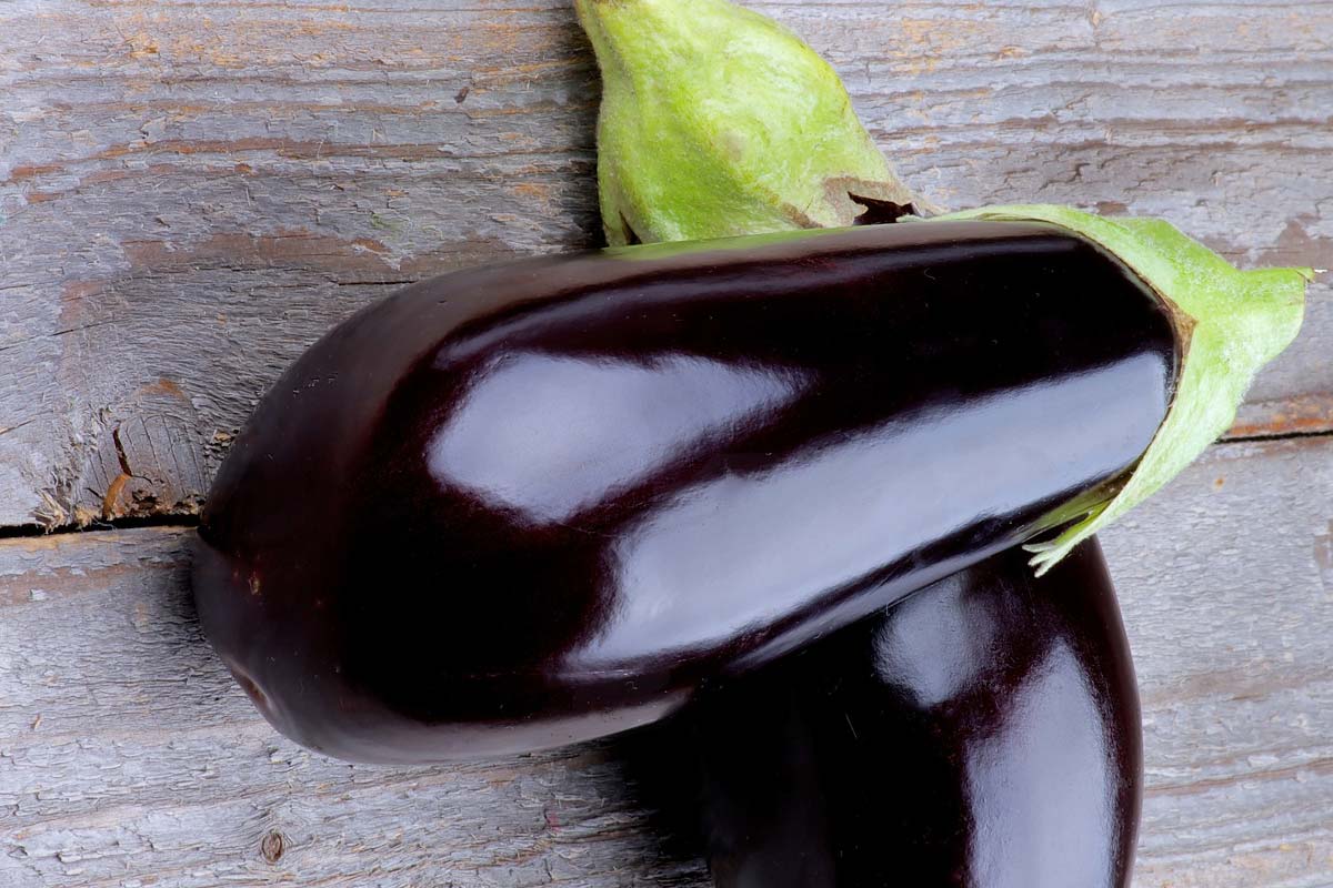 Two aubergines on a wooden background