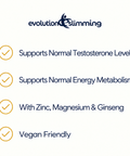 EvoHim checklist: zinc for normal testosterone levels, normal energy metabolism, zinc, magnesium and ginseng, vegan friendly