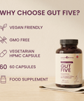 Gut Five product facts: vegan friendly, GMO free and 60 capsules