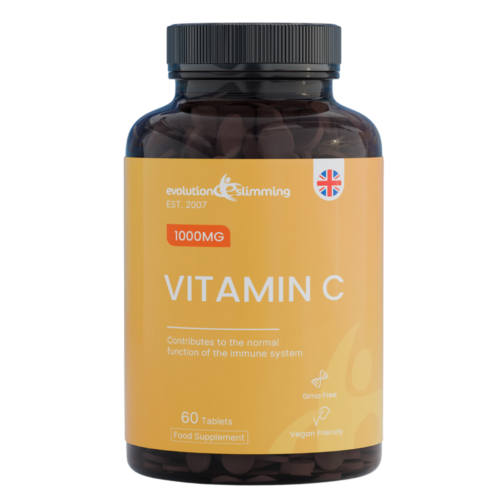 Comprimidos de vitamina C de 1000 mg, aptos para vegetarianos y veganos.